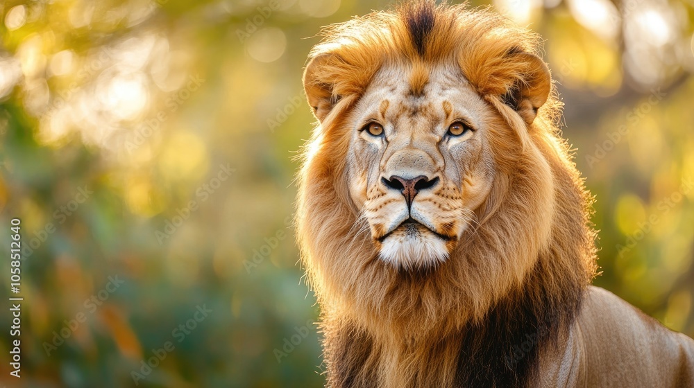 Majestic lion with a golden mane exudes regality and fierceness. This majestic lion captures attention, embodying strength and grace with ample photo space for text or design. Majestic lion with a golden mane exudes regality and fierceness. This majestic lion captures attention, embodying strength and grace with ample photo space for text or design.