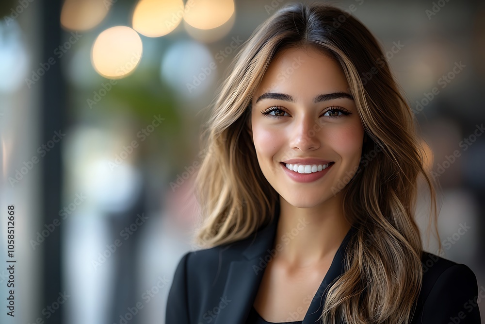 Charming Businesswoman with Long Hair and Bright Smile in Jacket Charming Businesswoman with Long Hair and Bright Smile in Jacket