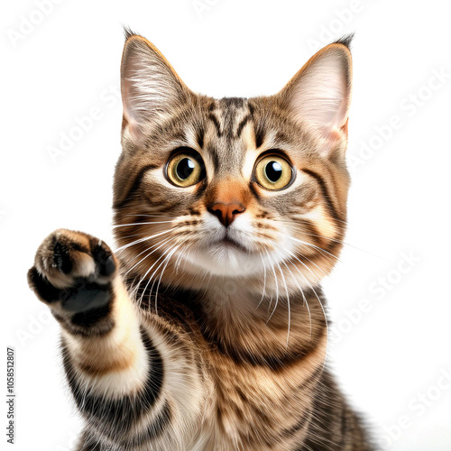 Curious Tabby Cat Reaching Out with Paw on White Background