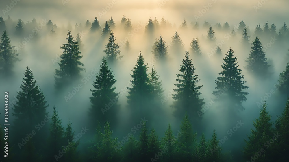 Foggy forest landscape with tall pine trees and soft sunlight filtering through. Foggy forest landscape with tall pine trees and soft sunlight filtering through.