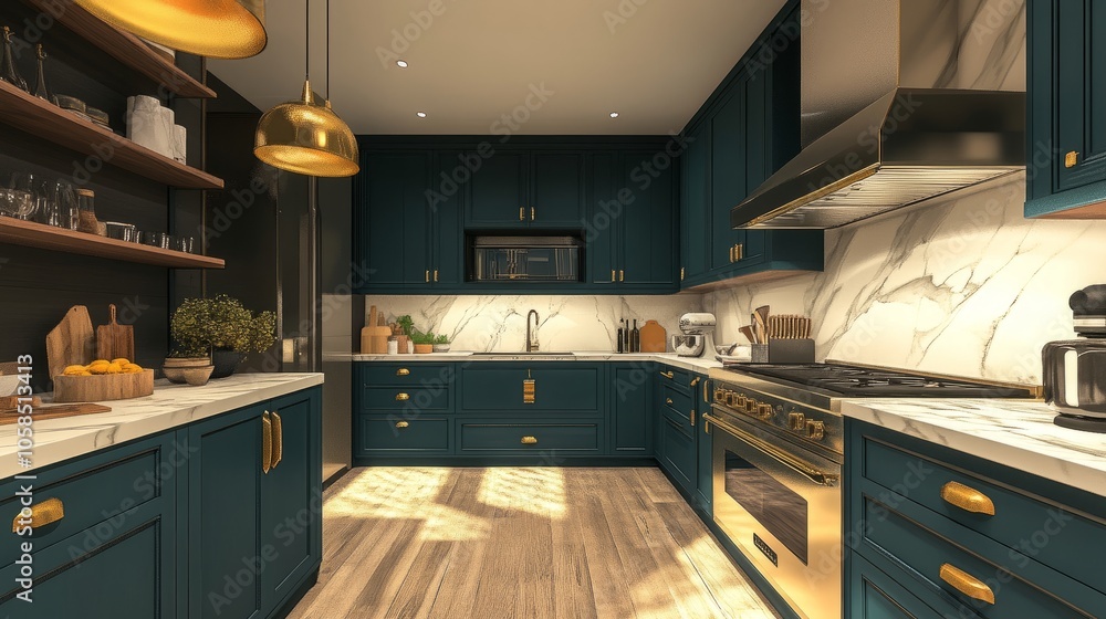 Elegant kitchen design with deep teal cabinets, marble counters, and brass hardware, creating a luxurious and modern space with ample lighting Elegant kitchen design with deep teal cabinets, marble counters, and brass hardware, creating a luxurious and modern space with ample lighting