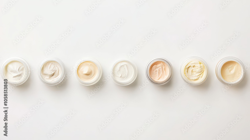 Cream Products. An array of different cream products in small jars on a clean white background. Cream Products. An array of different cream products in small jars on a clean white background.