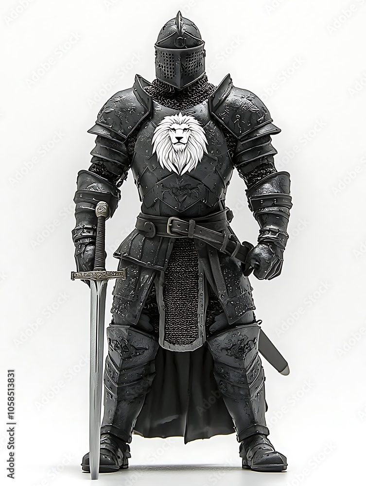 Fototapeta premium Medieval Knight in Black Armor with Lion Crest and Sword