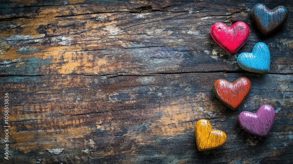 Obraz premium Happy Valentines Day greeting card design featuring colorful hearts on a rustic wooden background. The card provides a beautiful space for your personal message or text.