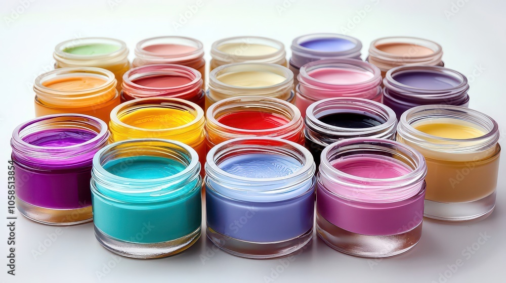 Cream Products. An array of different cream products in small jars on a clean white background. Cream Products. An array of different cream products in small jars on a clean white background.