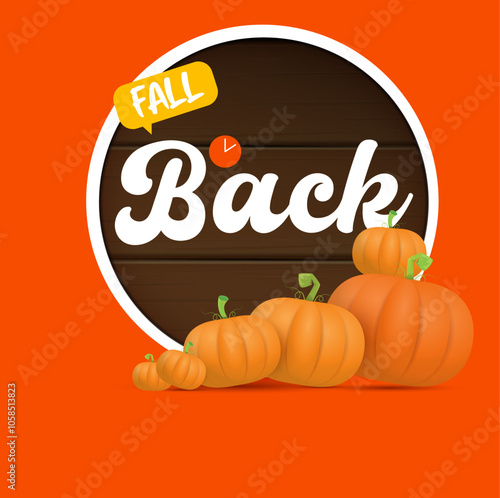 Fall Back 2024. Autumn Daylight saving time ends banner with pumpkins isolated on orange background.