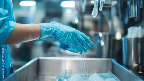 A person wearing blue gloves rinses items in a stainless steel sink under bright lighting, emphasizing cleanliness and hygiene practices in a kitchen setting. photo