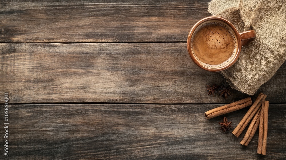 Coffee cup accompanied by a bag and cinnamon sticks arranged on a rustic wooden table, creating a cozy atmosphere with ample space for text and design elements. Coffee cup accompanied by a bag and cinnamon sticks arranged on a rustic wooden table, creating a cozy atmosphere with ample space for text and design elements.