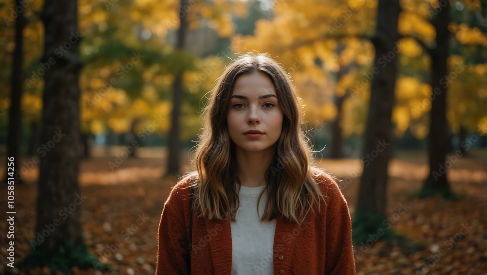 Young woman surrounded by vibrant autumn leaves in a serene forest. Young woman surrounded by vibrant autumn leaves in a serene forest.