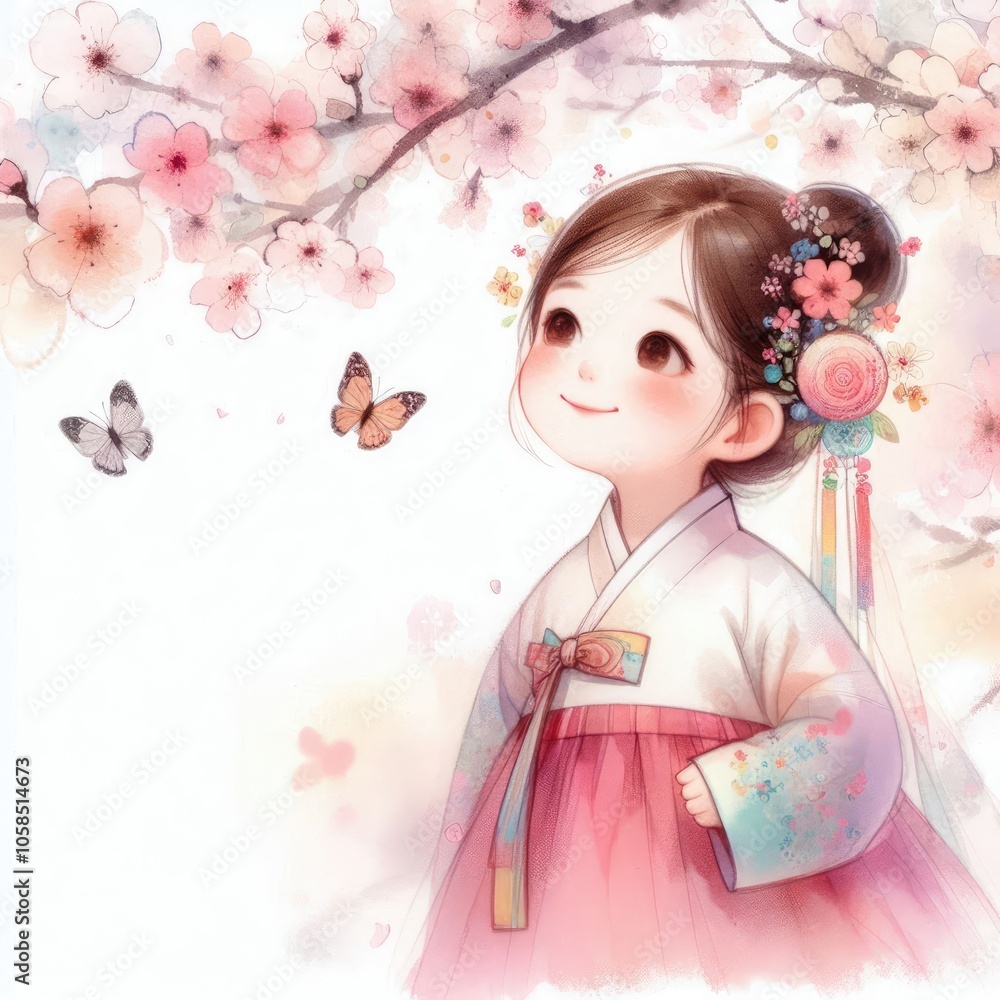 Smiling Girl in Traditional Korean hanbok Dress with Blossoming Cherry Blossoms with Generative AI. Smiling Girl in Traditional Korean hanbok Dress with Blossoming Cherry Blossoms with Generative AI.