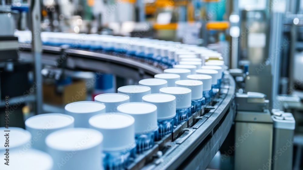 Automated production line with containers moving along a conveyor belt in a manufacturing facility, showcasing efficiency and modern technology. Automated production line with containers moving along a conveyor belt in a manufacturing facility, showcasing efficiency and modern technology.