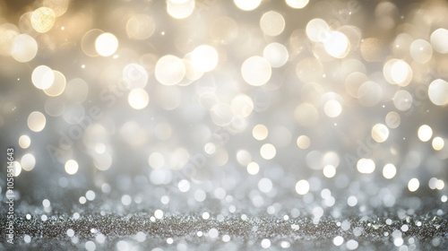 Sparkling Bokeh Background With Soft Gold and Silver Lights, creating a festive and magical atmosphere perfect for holiday themes and celebrations.