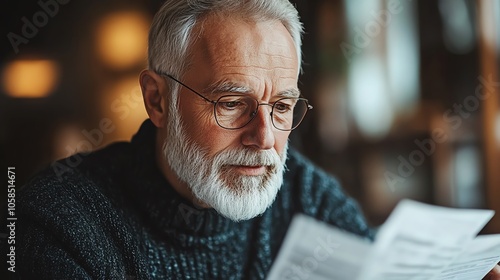 Senior man reading documents with a thoughtful expression indoors.