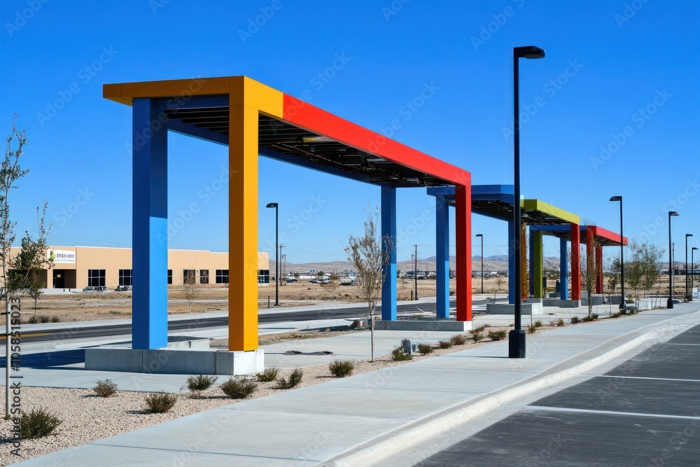 Colorful bus shelter structure with modern design in an open area. Colorful bus shelter structure with modern design in an open area.
