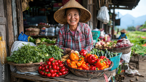 Fresh vegetables and vibrant colors at local farmer market, showcasing smiling vendor