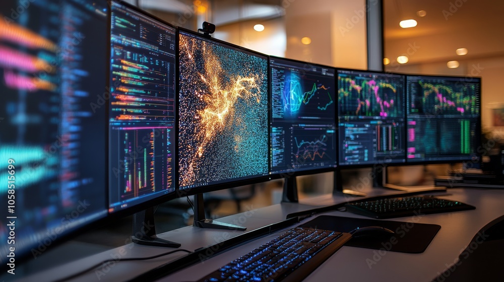 A modern workspace featuring multiple curved monitors displaying vibrant data visualizations and analytics. A modern workspace featuring multiple curved monitors displaying vibrant data visualizations and analytics.