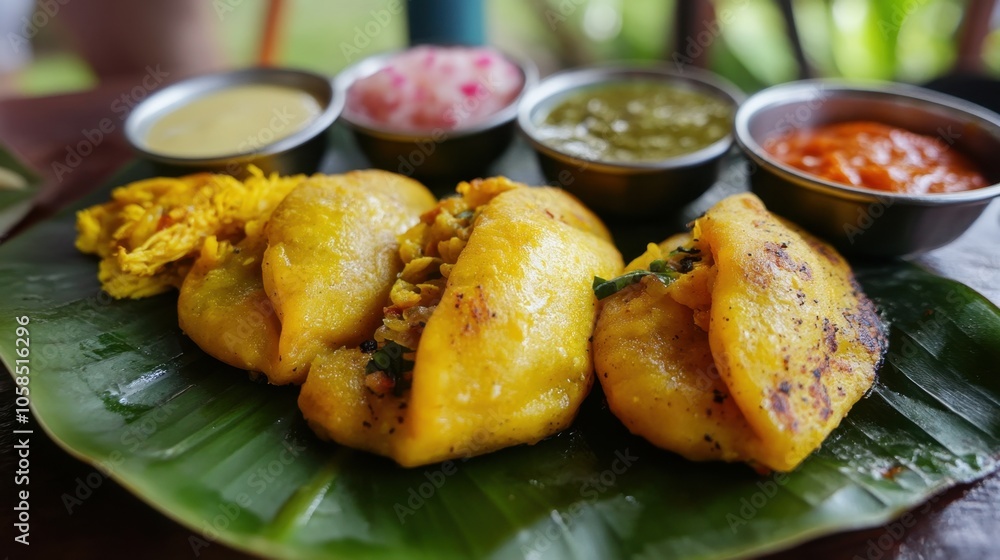 Indian fried empanadas served on banana leaf with three different sauces in small bowls Indian fried empanadas served on banana leaf with three different sauces in small bowls