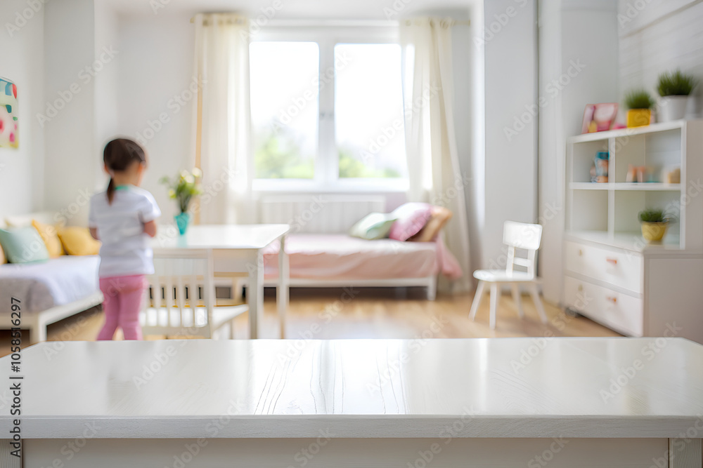 Empty white table top blurred of child bedroom background Empty white table top blurred of child bedroom background
