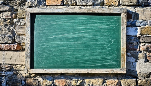 Wallpaper Mural A weathered chalkboard framed in wood, mounted on a stone wall, ready for writing or drawing. Torontodigital.ca