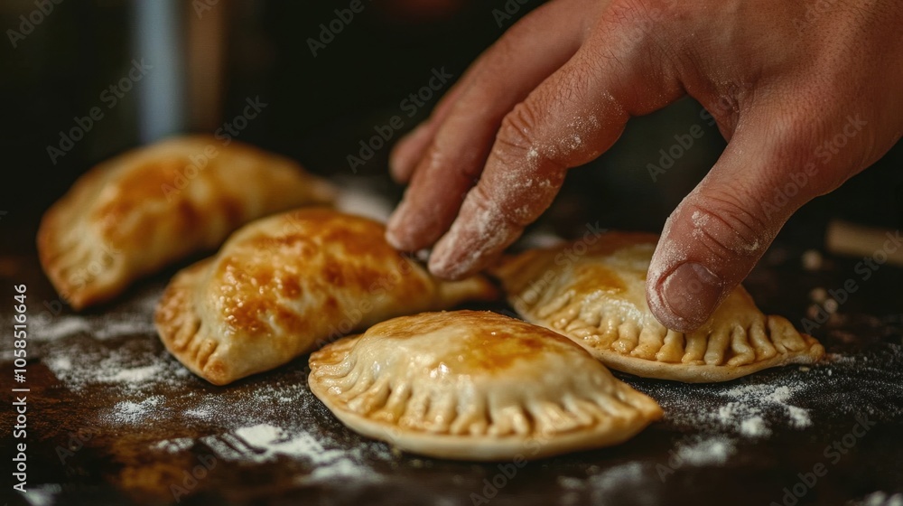 Hand preparing golden baked empanadas on a flour-dusted surface. Hand preparing golden baked empanadas on a flour-dusted surface.