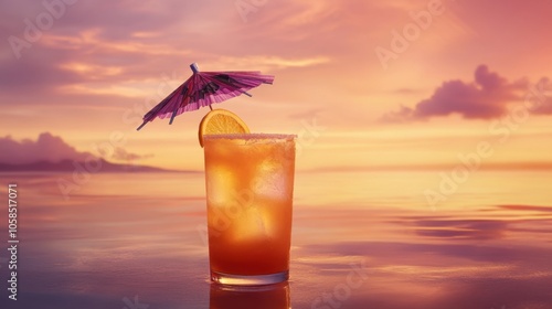 Tropical Cocktail with Umbrella on Sunset Background. National Harvey Wallbanger Day. photo