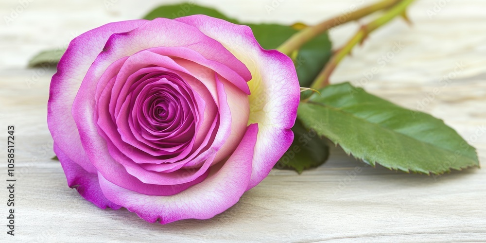 Fototapeta premium A close-up of a pink and white rose on a wooden surface.