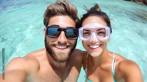 A joyful couple enjoying a sunny day in clear turquoise water, posing for a selfie with smiles, sunglasses, and snorkeling gear.
