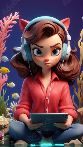 Animated cat-eared girl with headphones and tablet in vibrant underwater scene