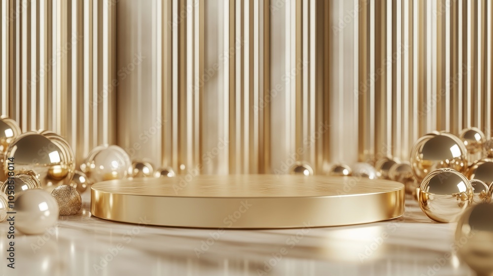 25.A shining gold podium in a modern setting, with metallic balls strategically placed around it. The 3D design highlights the podium's luxurious and glossy surface, perfect for an upscale product 25.A shining gold podium in a modern setting, with metallic balls strategically placed around it. The 3D design highlights the podium's luxurious and glossy surface, perfect for an upscale product