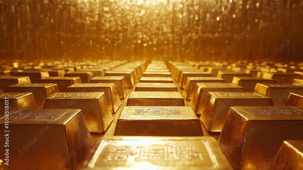 Fototapeta premium 58.Rows of shining gold bars marked with purity stamps, arranged against a golden backdrop. The scene exudes wealth, trading success, and growing investment value, with the polished gold surfaces