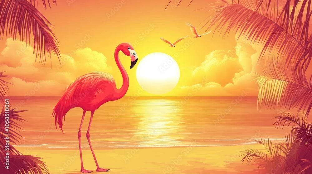 Fototapeta premium A vibrant sunset scene featuring a flamingo on a beach with palm trees and flying birds.