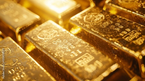 58.Rows of shining gold bars marked with purity stamps, arranged against a golden backdrop. The scene exudes wealth, trading success, and growing investment value, with the polished gold surfaces