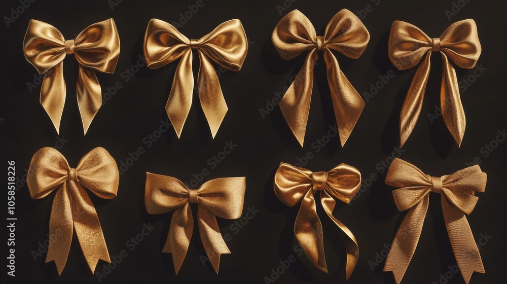 6.A set of golden ribbons, each meticulously tied into decorative bows, shining with a soft luster. The ribbons flow vertically with smooth textures, ready for festive celebrations or gift wrapping. 6.A set of golden ribbons, each meticulously tied into decorative bows, shining with a soft luster. The ribbons flow vertically with smooth textures, ready for festive celebrations or gift wrapping.