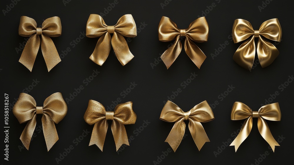 6.A set of golden ribbons, each meticulously tied into decorative bows, shining with a soft luster. The ribbons flow vertically with smooth textures, ready for festive celebrations or gift wrapping. 6.A set of golden ribbons, each meticulously tied into decorative bows, shining with a soft luster. The ribbons flow vertically with smooth textures, ready for festive celebrations or gift wrapping.