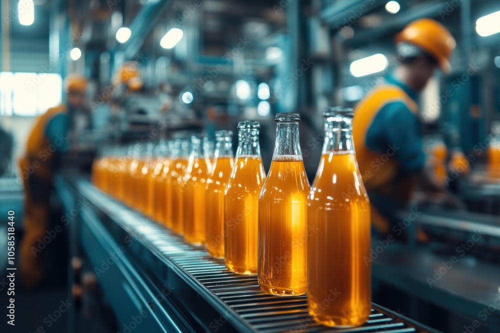 Row of orange drinks in glass bottles on a production line with workers in the background. Row of orange drinks in glass bottles on a production line with workers in the background.