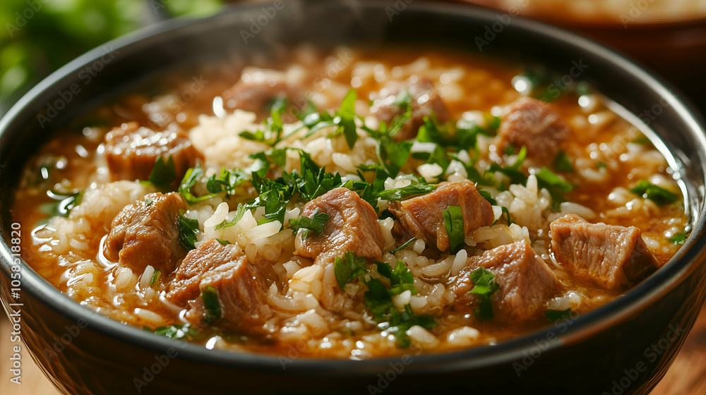 A close-up view of a warm beef and rice soup, garnished with fresh parsley leaves in a black bowl. Tender chunks of beef are mixed with rice, creating a comforting, savory broth ideal for a cozy meal. A close-up view of a warm beef and rice soup, garnished with fresh parsley leaves in a black bowl. Tender chunks of beef are mixed with rice, creating a comforting, savory broth ideal for a cozy meal.