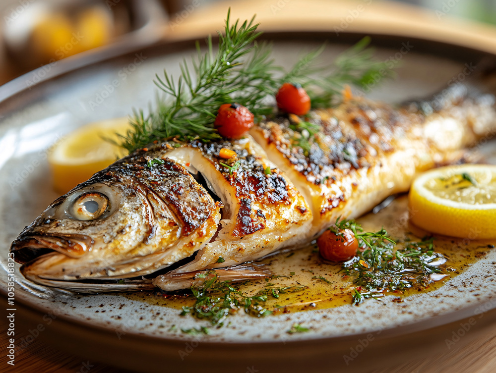 a delicious grilled fish with a side of fresh vegetables served on a plate. a delicious grilled fish with a side of fresh vegetables served on a plate.