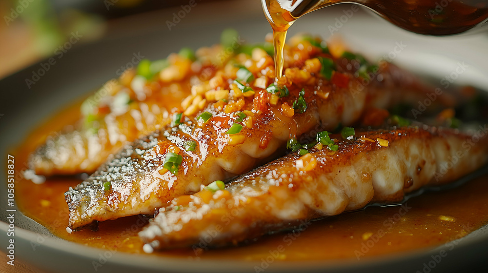 Succulent grilled fish fillets drizzled with a rich, savory garlic and herb sauce. The fish is garnished with fresh green onions and chili, adding vibrant color and flavor.