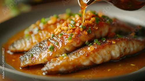 Obraz na płótnie Succulent grilled fish fillets drizzled with a rich, savory garlic and herb sauce. The fish is garnished with fresh green onions and chili, adding vibrant color and flavor. w salonie