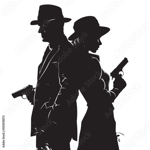 couple woman man detective secret agent criminal silhouette