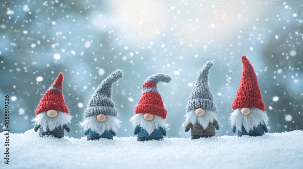 Row of gnomes in snowy landscape with soft light Row of gnomes in snowy landscape with soft light
