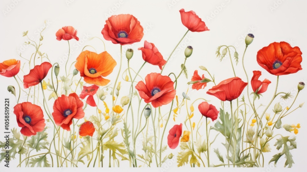 Obraz premium Vibrant Red Poppies in Blooming Field Illustration. French Guiana Armistice Day