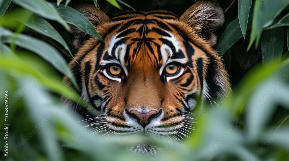 Tiger Peering Through Jungle Foliage Tiger Peering Through Jungle Foliage