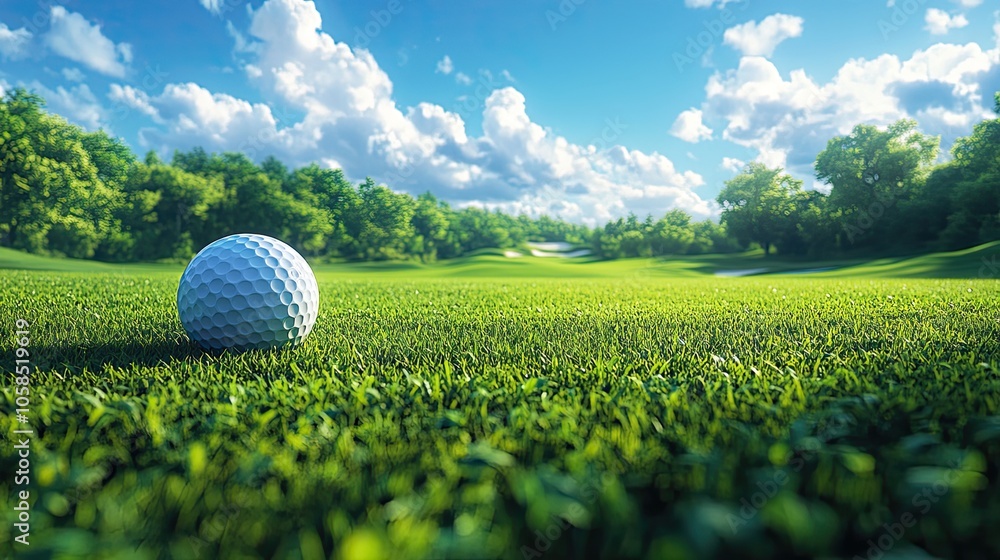 Illustration showing golf ball sitting on lush green meadow, ready for game Illustration showing golf ball sitting on lush green meadow, ready for game