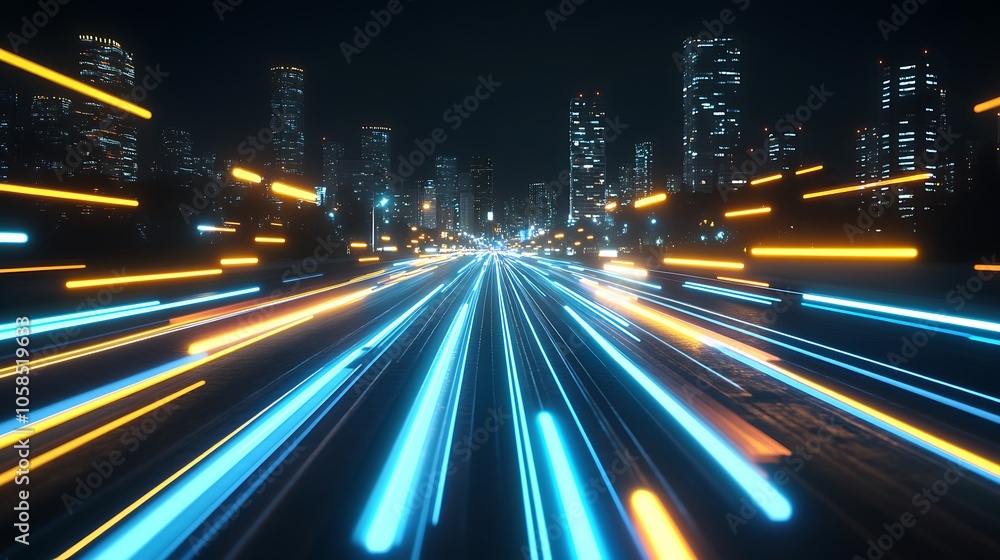 Fototapeta premium Cityscape Night Speed Light Trails Blank Background with Copy Space for Design Projects