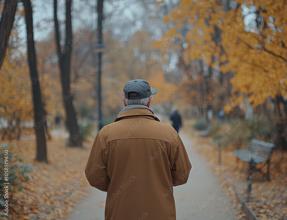 Senior Mans Serene Autumn Walk in Park, Embracing Offline Life Senior Mans Serene Autumn Walk in Park, Embracing Offline Life