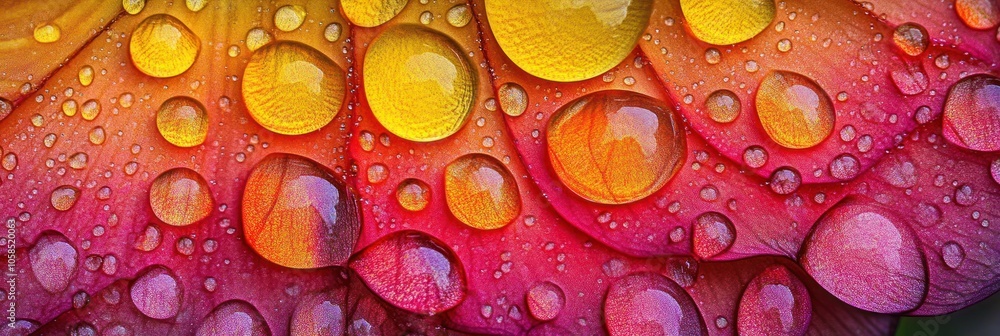 A close-up of vibrant flower petals adorned with glistening water droplets. A close-up of vibrant flower petals adorned with glistening water droplets.