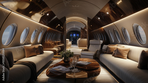 Luxurious Private Jet Interior: Opulent Lounge. 