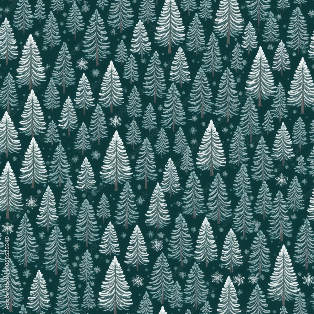 Obraz premium Seamless winter forest pattern with pine trees and snowflakes, perfect for holiday backgrounds and seasonal designs.