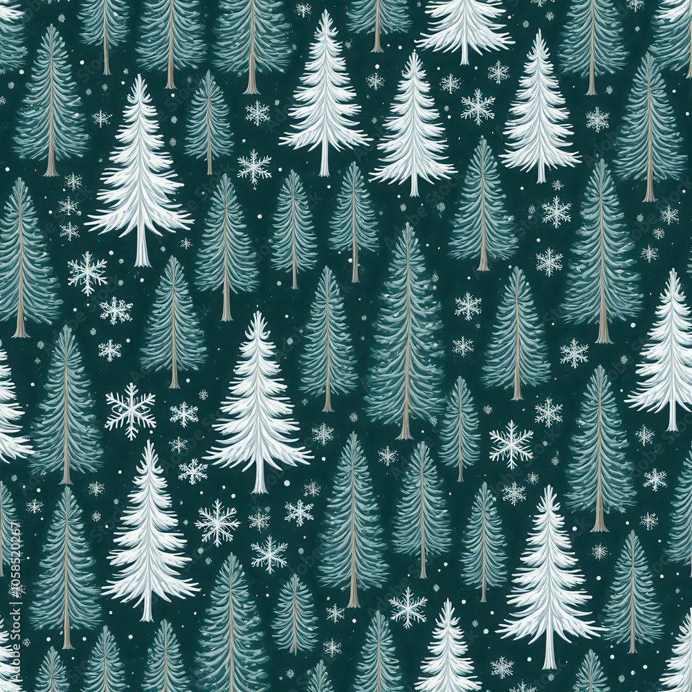 Obraz premium Seamless winter forest pattern with pine trees and snowflakes, perfect for holiday backgrounds and seasonal designs.